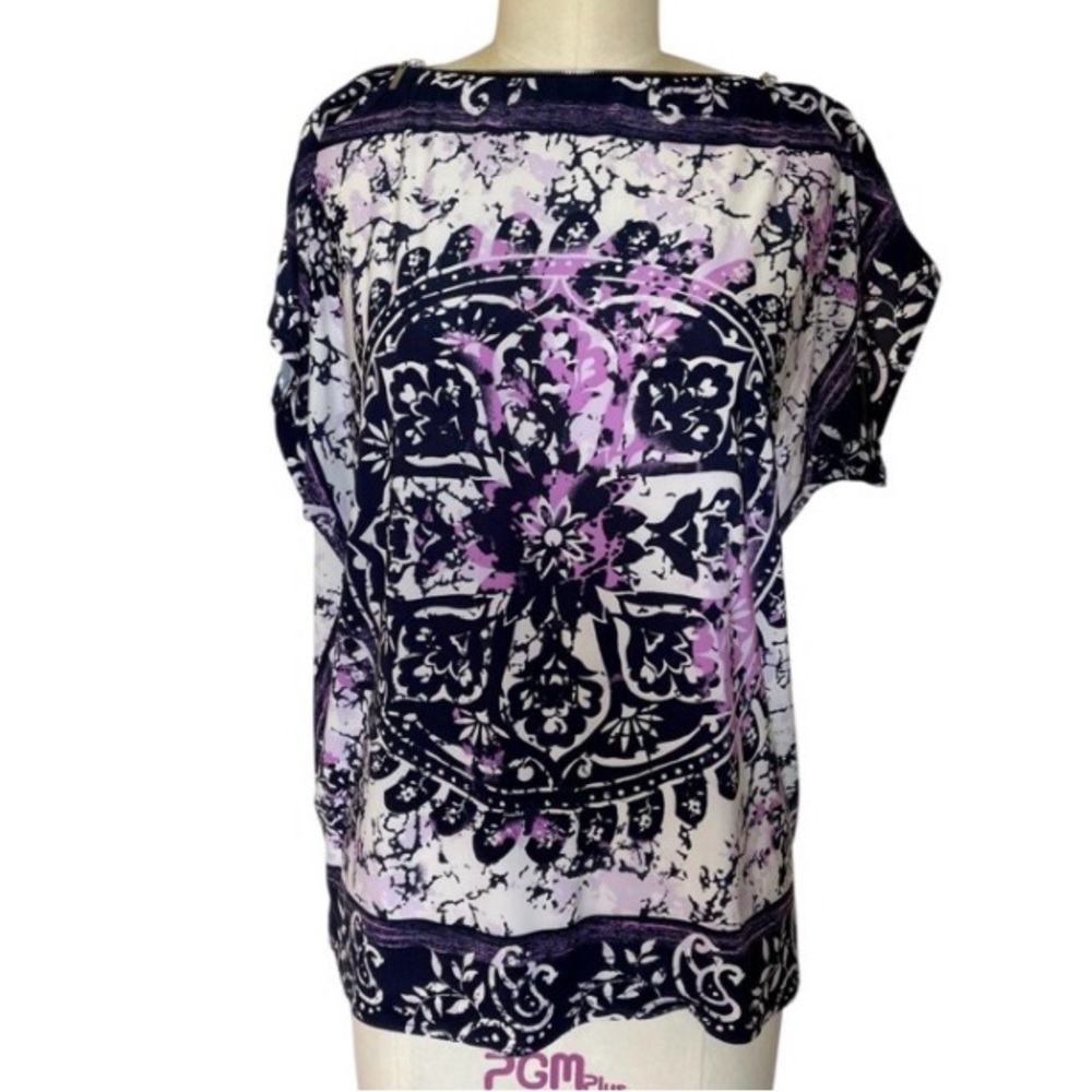 INC International Concepts L Zip Neckline Bandana Artsy Slinky Blouse Top $58